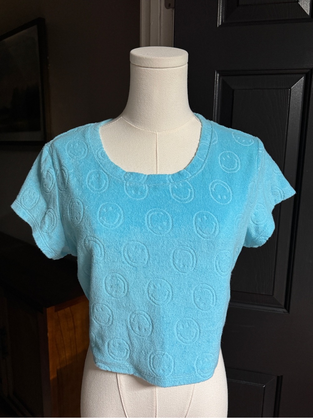{aerie} "Offline" Blue Terry Cloth Smiley Face Short Sleeve Crop Top WAT56